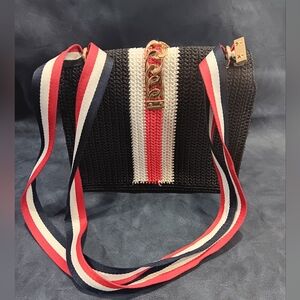 Black Raffia Shoulder Bag with Red White and Blue